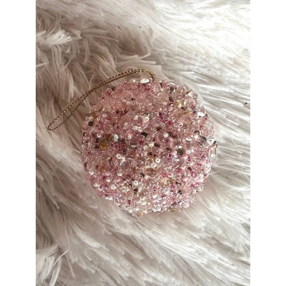 Pink Sparkly Beaded Christmas Tree Ornaments Set of 5 Gold Shimmering Baubles